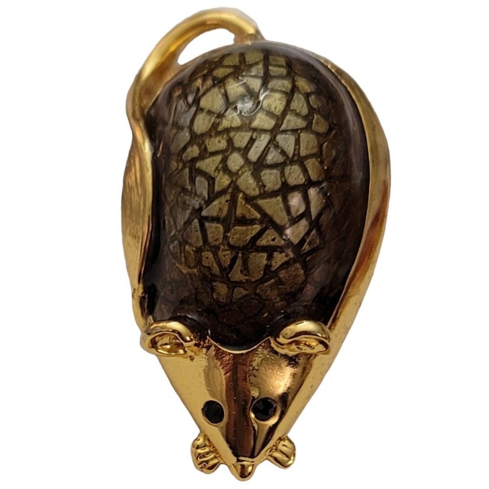 SJ Gold Tone Vintage Green Textured Resin Enamel Mouse Brooch Pin, Signed E630